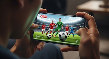 Una persona sostiene un smartphone horizontalmente, mostrando en su pantalla un partido de fútbol virtual con jugadores en un campo y un estadio.