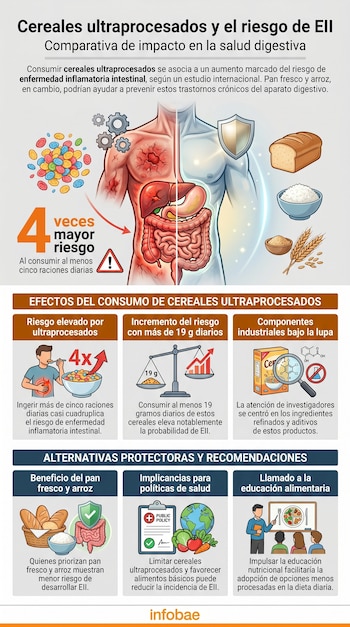 Infografía que compara el impacto de cereales ultraprocesados y alimentos básicos en la salud digestiva, mostrando órganos humanos y ejemplos de comida.
