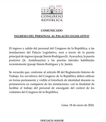Comunicado del Parlamento sin mencionar