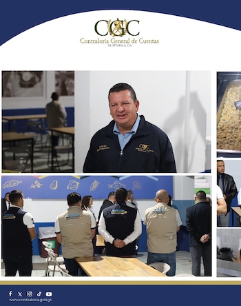 El logo de Contraloría General de Cuentas, un hombre sonriente en chaqueta con el logo CGC y personas en chalecos de 'Municipio Fiscalizado' en un evento, con imágenes de comida