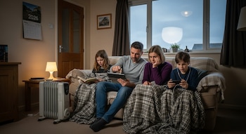 Una familia de cuatro personas sentada en un sofá con mantas; hay un hombre con una tablet, una niña leyendo y un niño con un teléfono, junto a un calefactor eléctrico y un calendario de 2026.