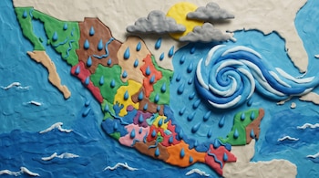 Mapa de México de plastilina con estados de colores, gotas de lluvia azules, nubes grises, un sol amarillo y un remolino blanco y azul en el mar.