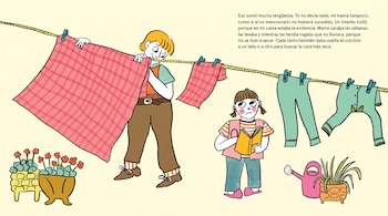 Ilustración de una persona tendiendo una sábana a cuadros en un tendedero, una niña leyendo un libro, pantalones, flores en macetas y una regadera.
