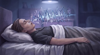Persona durmiendo de costado en cama, con dispositivo nasal, ondas de luz azules y blancas, y lámpara de techo en habitación oscura.