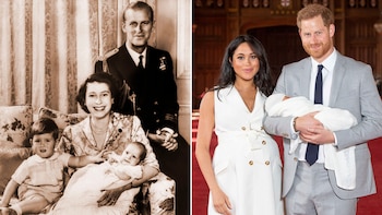 Isabel de Inglaterra con Ana, recién nacida, y el príncipe Carlos, de dos años, en 1950. La escolta su marido, Felipe de Edimburgo. Mientras que Meghan Markle y el príncipe Harry presentan a Archie, en mayo de este año.