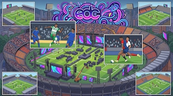 Ilustración de un estadio con un escenario en el campo, luces de neón con las letras edc y recuadros de jugadores de fútbol.