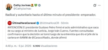 Juvinao arremetió contra Petro por la salida de Jorge Iván Cuervo - crédito @CathyJuvinao/X