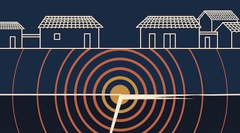 Dibujo con siluetas de casas rurales en la parte superior y círculos concéntricos sobre una fractura lineal en la parte inferior con fondo azul.