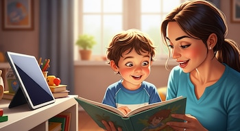 Primer plano digital de una madre sonriente leyendo un libro ilustrado a su hijo pequeño, quien mira el libro con asombro; una tableta apagada se ve a la izquierda.