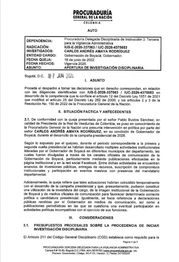 La Procuraduría General abrió una investigación disciplinaria contra el gobernador de Boyacá para establecer si utilizó recursos y actividades oficiales con fines electorales - crédito Procuraduría