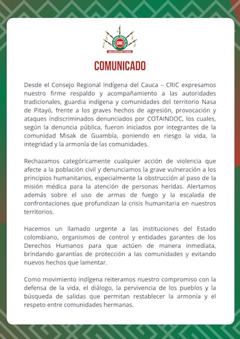 O Conselho Indígena de Cauca alerta sobre o uso de armas e a possibilidade de uma crise humanitária na charneca de La Ensillada - crédito Cric Colombia