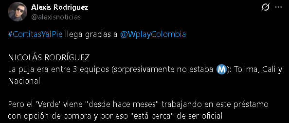 O extremo Nicolás Rodríguez ainda é popular no futebol colombiano, mas está mais próximo do Atlético Nacional - crédito @alexisnoticias/X