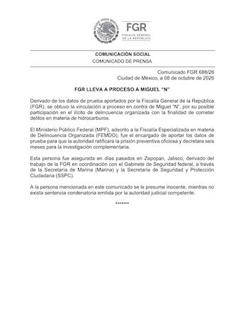 La captura de ‘Capitán Sol’ ocurrió el 2 de octubre en Zapopan, durante un operativo coordinado por la FGR, la Secretaría de Marina y la SSPC. (Crédito: @FGRMexico)