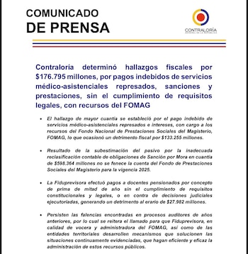 La Contraloría General de la República determinó 10 hallazgos con incidencia fiscal por $176.795 millones en una auditoría al Fomag - crédito @CGR_Colombia/X