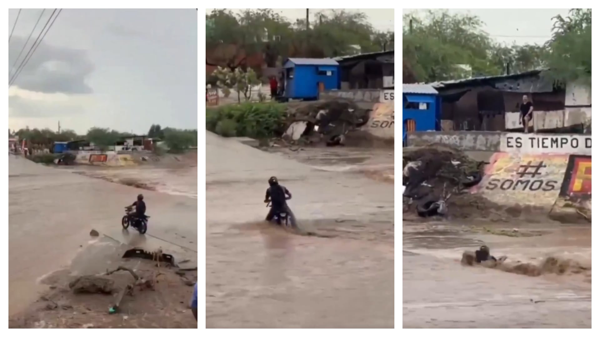 Un motociclista fue arrastrado por la fuertes corrientes de lluvias por el Huracán Marie en La Paz, Baja California Sur Foto: Facebook