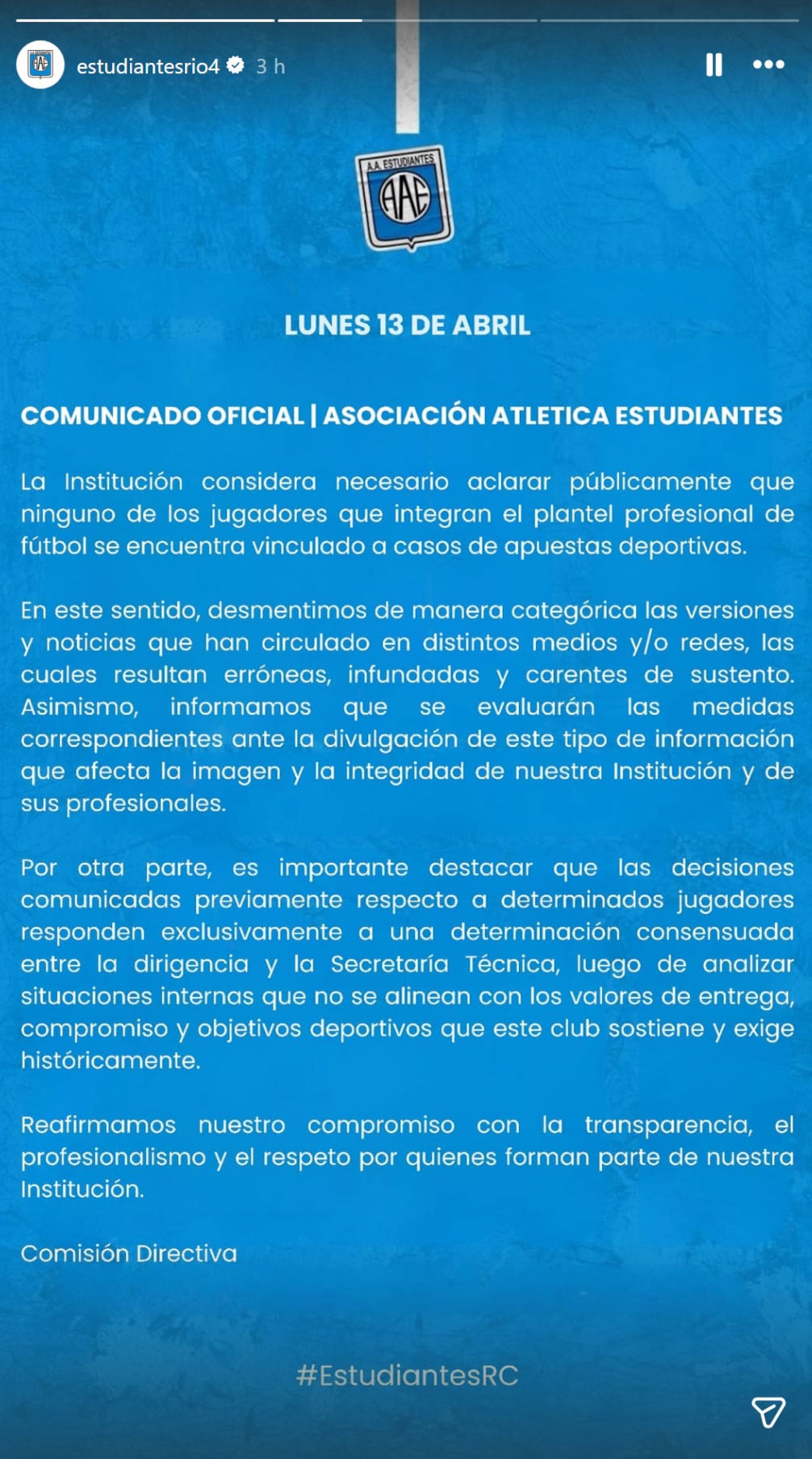 El nuevo comunicado de Estudiantes de Río Cuarto