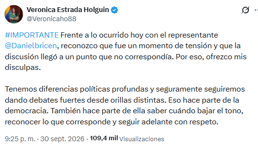 La congresista del Pacto Histórico admitió en X que la confrontación superó los límites del intercambio parlamentario y afirmó que las diferencias entre sectores deben tramitarse dentro de los márgenes del respeto - crédito @Veronicaho88/X
