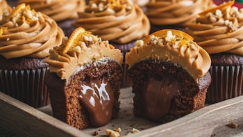 Una bandeja de cupcakes navideños