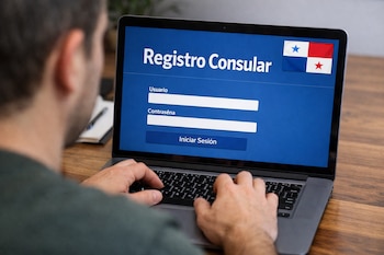 Vista sobre el hombro de una persona escribiendo en una laptop que muestra la pantalla de 'Registro Consular' con la bandera de Panamá.