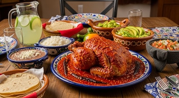 Pollo a la diabla entero con salsa roja y chiles secos en plato. Rodeado de arroz, frijoles, guacamole, pico de gallo, tortillas y agua de limón.