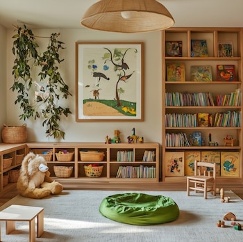 Estanterías de madera llenas de libros, un león de peluche, un cojín verde sobre la alfombra y un cuadro colgado en la pared.