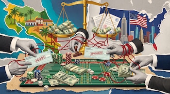 Tablero de apuestas, fichas, dados, billetes, manos humanas, balanza, documentos legales, mapas de Costa Rica y Estados Unidos con edificios y bandera.