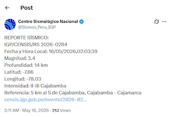 Captura de pantalla de un tuit del Centro Sismológico Nacional con reporte sísmico: magnitud 3.4, epicentro en Cajabamba, Perú