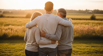 Vista trasera de un hombre joven abrazando a sus padres, de pie en un campo verde y dorado al atardecer, con el sol brillando sobre el horizonte.