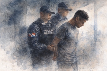Ilustración en acuarela de tres figuras masculinas: dos policías uniformados, uno con la bandera dominicana, escoltan a un hombre esposado y cabizbajo.