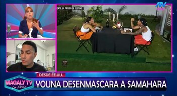 Captura de televisión dividida en tres secciones con Magaly Medina, un hombre en videollamada y dos personas cenando en una mesa