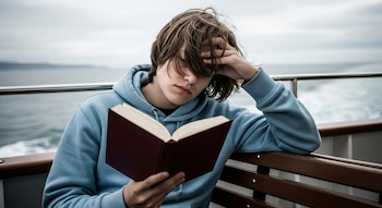 Joven de cabello castaño y sudadera azul lee un libro rojo a bordo de un barco. Su mano izquierda descansa sobre su frente, con el mar y el cielo nublado de fondo.