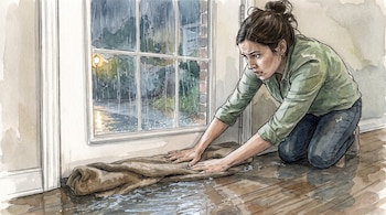 Ilustración de una mujer arrodillada que ubica una toalla enrollada junto a la puerta para detener el agua que entra por la tormenta.