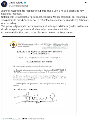 David Toledo anunció que impugnó el fallo de tutela a favor de Jennifer Pedraza - crédito @DavidToledoOsp/X