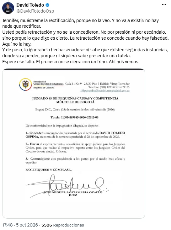 David Toledo anunció que impugnó el fallo de tutela a favor de Jennifer Pedraza - crédito @DavidToledoOsp/X