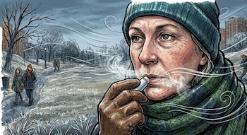 Ilustración de una mujer mayor con gorro y bufanda verdes aplicando bálsamo labial. Su aliento se ve en el aire frío de un parque invernal y ventoso