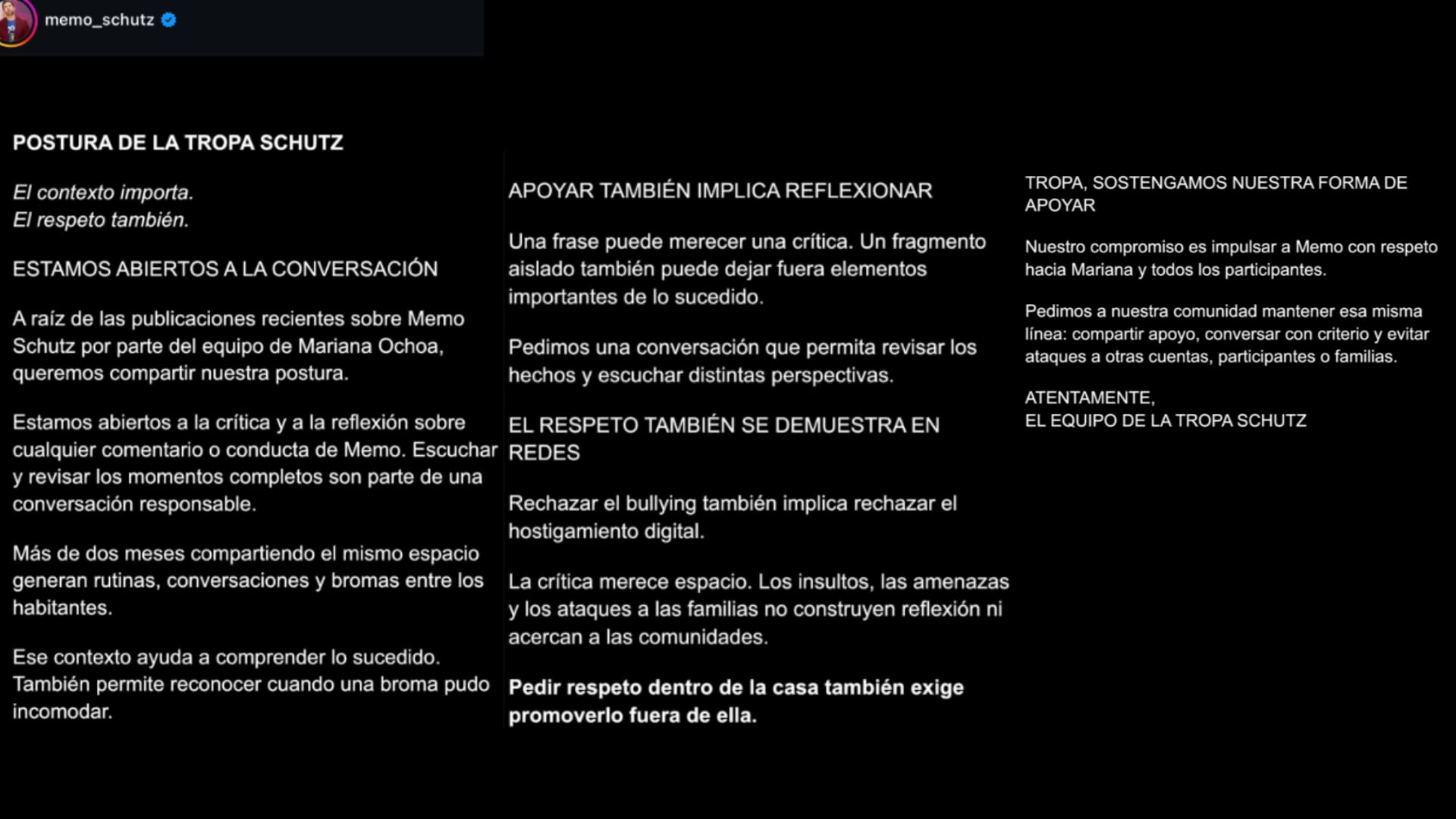 El equipo de redes sociales de Memo Schutz publicó una postura en la que pidió revisar los momentos completos de la convivencia antes de emitir críticas sobre su interacción con Mariana Ochoa. (Captura de pantalla )