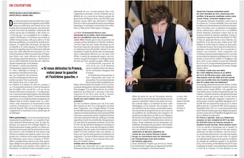 Páginas de una revista con columnas de texto en francés y una fotografía del presidente argentino Javier Milei apoyado sobre un escritorio