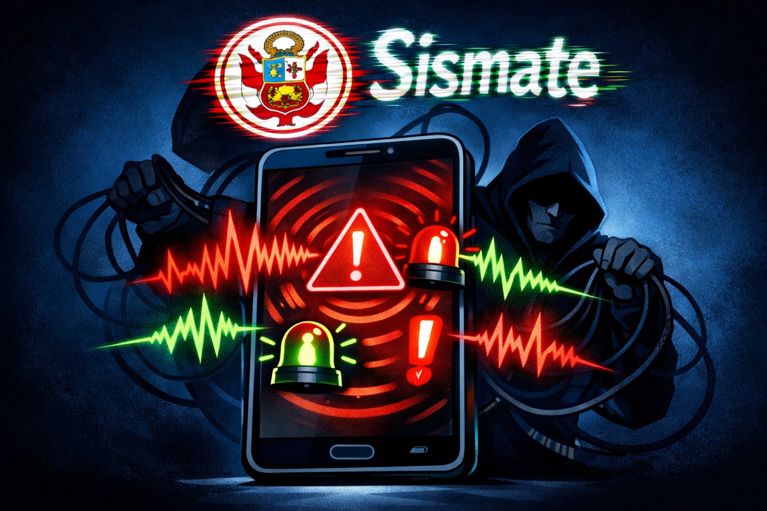 Una ilustración digital conceptual muestra a un hacker manipulando un teléfono móvil gigante, con el logo distorsionado del Ministerio de Transportes y Comunicaciones de Perú y la palabra Sismate, simbolizando la intervención en el sistema de alerta estatal. (Imagen Ilustrativa Infobae)