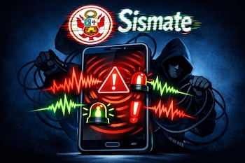 Ilustración de un hacker encapuchado manipulando un teléfono con alertas rojas y verdes, el logo MTC Perú y 'Sismate' distorsionado, sobre fondo azul oscuro.
