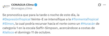 Captura de pantalla de un mensaje publicado por la cuenta CONAGUA Clima sobre un pronóstico meteorológico