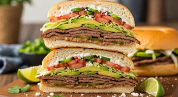 Una torta mexicana cortada y apilada muestra capas de pan, carne, frijoles, aguacate, lechuga, tomate, pepino, queso, crema y jalapeños. Lima y cilantro.