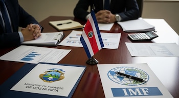 Una mesa de reuniones de madera oscura con una bandera de Costa Rica en miniatura. Hay documentos financieros, gráficos, una calculadora y logos del Ministerio de Hacienda y el FMI.
