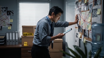 fotografía de plano medio y ancho, ambientada en lo que parece ser la oficina de un detective o un cuartel de investigación durante el atardecer o la noche. La atmósfera es seria, concentrada y un poco sombría, con una iluminación cinematográfica que entra de forma lateral a través de persianas.