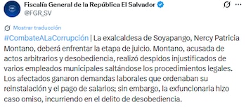 La acusación contra exedil se basa en el incumplimiento de sentencias laborales que ordenaban reinstalar y pagar salarios a empleados municipales despedidos. (Cortesía: Fiscalía General de la República El Salvador)