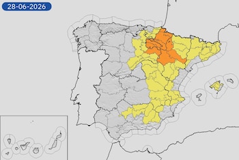 Mapa de alertas meteorológicas por lluvias, tormentas y temperaturas elevadas para este domingo, 28 de junio de 2026. (Aemet)