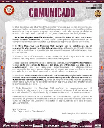 Comunicado de Los Chankas sobre la licencia del técnico Walter Paolella.