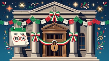 Fachada de un banco con candado en la puerta, guirnaldas tricolores y un calendario que marca los días 15 y 16 de septiembre.