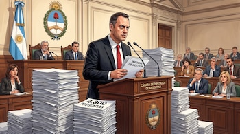 Ilustración de Manuel Adorni en el atril de la Cámara de Diputados de Argentina, con un documento de informe de gestión y rodeado de pilas de 4.800 preguntas. Se ven legisladores, la bandera argentina y el escudo nacional.