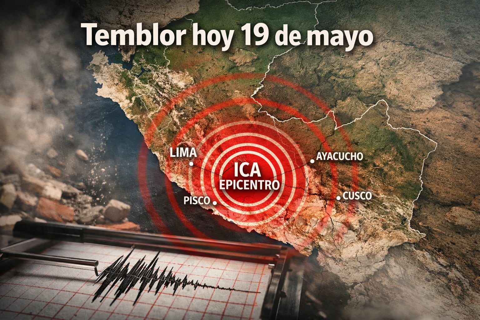 La imagen muestra un mapa de Perú con el epicentro de un sismo en Ica el 19 de mayo, representado con círculos rojos y datos de un sismógrafo. (Imagen Ilustrativa Infobae)