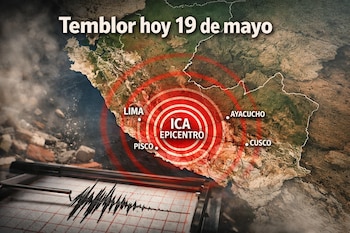 Mapa de Perú con el epicentro de un temblor marcado en Ica por círculos rojos, mostrando ciudades como Lima y Cusco, y un sismógrafo con ondas sísmicas.